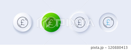 Pound money line icon. Neumorphic, Green gradient, 3d pin buttons. Gbp currency sign. Cash coin symbol. Line icons. Neumorphic buttons with outline signs. Vector 120880413