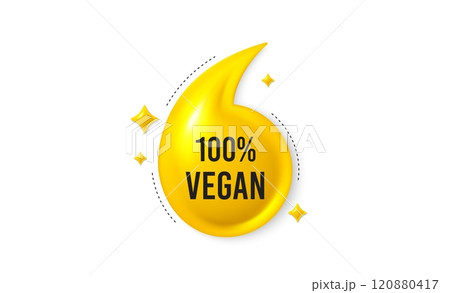 Offer 3d quotation banner. 100 percent vegan tag. Organic bio food sign. Vegetarian product symbol. Vegan food quote message. Yellow quotation comma banner. Vector 120880417
