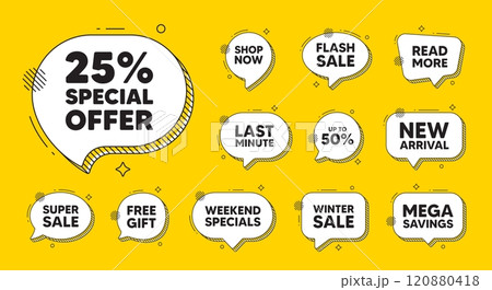 Offer speech bubble icons. 25 percent discount offer tag. Sale price promo sign. Special offer symbol. Discount chat offer. Speech bubble discount banner. Text box balloon. Vector Offer speech bubble icons. 25 percent discount offer tag. Sale price promo sign. Special offer symbol. Discount chat offer. Speech bubble discount banner. Text box balloon. Vector 120880418