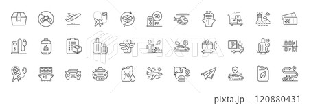 Delivery cart, Package box and Parking security line icons. Pack of Taxi, Flight sale, Paper plane icon. Canister, Parcel checklist, Bike path pictogram. Eco bike, Bicycle prohibited. Vector Delivery cart, Package box and Parking security line icons. Pack of Taxi, Flight sale, Paper plane icon. Canister, Parcel checklist, Bike path pictogram. Eco bike, Bicycle prohibited. Vector 120880431