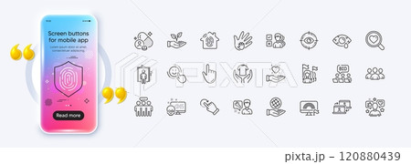 Repairman, Fingerprint access and Online auction line icons for web app. Phone mockup gradient screen. Pack of Outsource work, Conjunctivitis eye, Lgbt pictogram icons. Vector 120880439