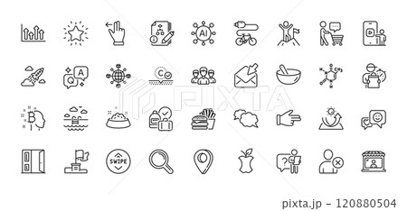 Chemical formula, Open door and Swimming pool line icons pack. AI, Question and Answer, Map pin icons. Open mail, Search employee, Sun protection web icon. Vector 120880504