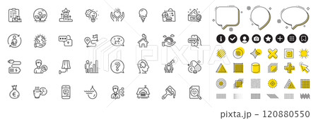 Set of Graph chart, Money bag and Hold heart line icons for web app. Design elements, Social media icons. Online voting, Brush, Incubator icons. Mental conundrum, Third party, Home signs. Vector 120880550