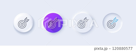 Target line icon. Neumorphic, Purple gradient, 3d pin buttons. Marketing targeting strategy symbol. Aim with arrows sign. Line icons. Neumorphic buttons with outline signs. Vector 120880577