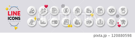 Difficult stress, Electricity price and Payment methods line icons. White buttons 3d icons. Pack of Currency exchange, Money, Contactless payment icon. Vector 120880598