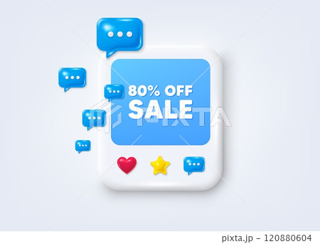Social media post 3d frame. Sale 80 percent off discount. Promotion price offer sign. Retail badge symbol. Sale message frame. Photo banner with speech bubbles. Like, star and chat icons. Vector Social media post 3d frame. Sale 80 percent off discount. Promotion price offer sign. Retail badge symbol. Sale message frame. Photo banner with speech bubbles. Like, star and chat icons. Vector 120880604