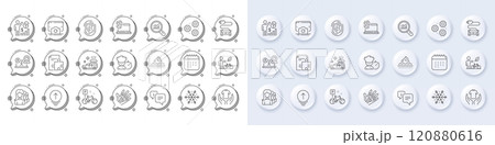 Hold t-shirt, Swipe up and Computer fingerprint line icons. White pin 3d buttons, chat bubbles icons. Pack of Strategy, Data analysis, Food delivery icon. Vector 120880616