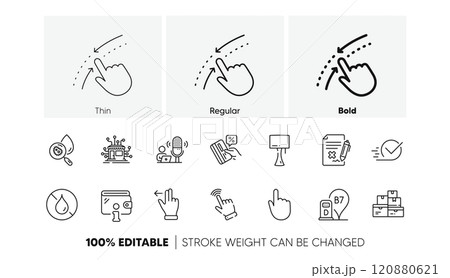 No waterproof, Diesel station and Reject file line icons. Pack of Checkbox, Distribution, Table lamp icon. Wholesale goods, Podcast, Swipe up pictogram. Touchscreen gesture, Wallet. Line icons. Vector No waterproof, Diesel station and Reject file line icons. Pack of Checkbox, Distribution, Table lamp icon. Wholesale goods, Podcast, Swipe up pictogram. Touchscreen gesture, Wallet. Line icons. Vector 120880621