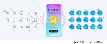 Phone mockup with 3d map pin icon. Augmented reality, Statistics and Startup rocket line icons. Pack of Fuel price, Packing boxes, Annual calendar icon. Vector Phone mockup with 3d map pin icon. Augmented reality, Statistics and Startup rocket line icons. Pack of Fuel price, Packing boxes, Annual calendar icon. Vector 120880622