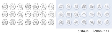 Oculist doctor, Fraud and Cooking chef line icons. White pin 3d buttons, chat bubbles icons. Pack of Fever, Dirty mask, Time management icon. Quick tips, Safe time, Cursor pictogram. Vector 120880634