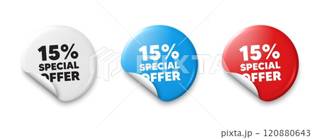 15 percent discount offer tag. Price tag sticker with offer message. Sale price promo sign. Special offer symbol. Sticker tag banners. Discount label badge. Vector 15 percent discount offer tag. Price tag sticker with offer message. Sale price promo sign. Special offer symbol. Sticker tag banners. Discount label badge. Vector 120880643
