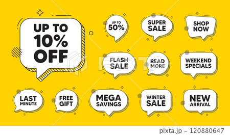 Offer speech bubble icons. Up to 10 percent off sale. Discount offer price sign. Special offer symbol. Save 10 percentages. Discount tag chat offer. Speech bubble discount banner. Vector 120880647