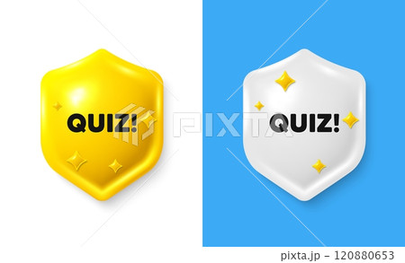 Quiz tag. Shield 3d icon banner with text box. Answer question sign. Examination test symbol. Quiz chat protect message. Shield speech bubble banner. Vector 120880653