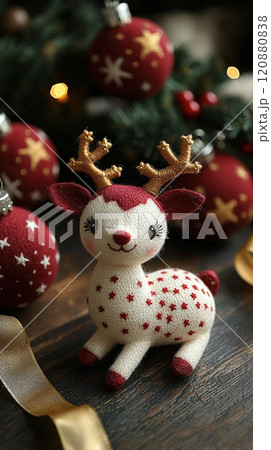 Red Christmas ornament with reindeer design on wooden surface 120880838