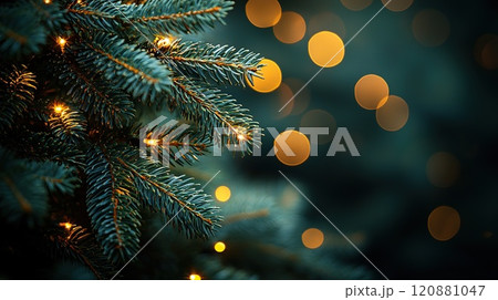 Close-up of fir branch with dew and lights in background. Christmas concept 120881047