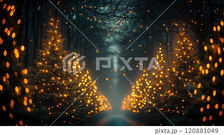 Close-up of fir branch with dew and lights in background. Christmas concept 120881049