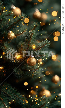 Close-up of fir branch with dew and lights in background. Christmas concept 120881055