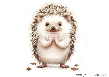Adorable illustration of a hedgehog with a smiling face and little paws in a watercolor style 120881173