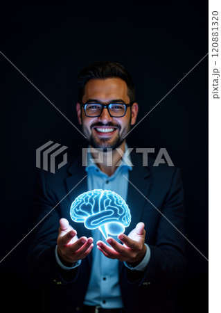 A man in a suit holds a glowing brain illustration while smiling against a dark background 120881320