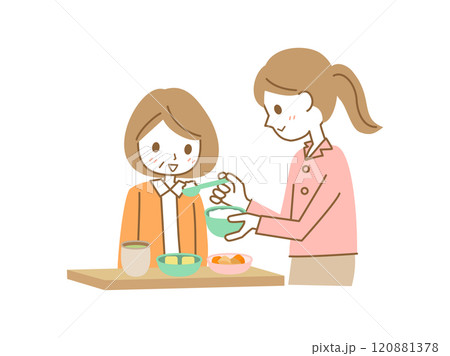 高齢者の食事の介助をする女性の介護士のイラスト 高齢者の食事の介助をする女性の介護士のイラスト 120881378
