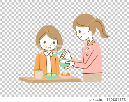 高齢者の食事の介助をする女性の介護士のイラスト 高齢者の食事の介助をする女性の介護士のイラスト 120881378