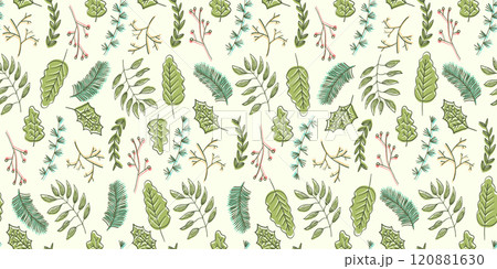 Bright summer floral seamless pattern with outline overlay doodle green leaves and herbs. Botanical hand drawn print for kitchen textile, wrapping paper, surface, wallpaper 120881630