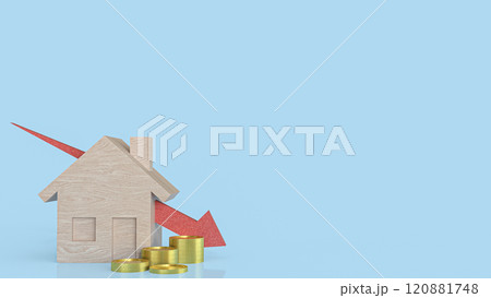 The Wood house and red arrow down for property or building concept 3d rendering. 120881748