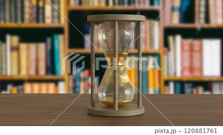 The Sand clock on wood table in library image 3d rendering. The Sand clock on wood table in library image 3d rendering. 120881761