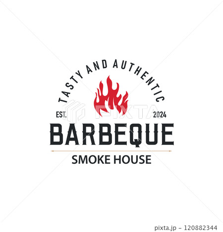 Illustration of a restaurant design with a vintage barbecue logo concept with the concept of a fire burning on a simple bbq hot grill 120882344