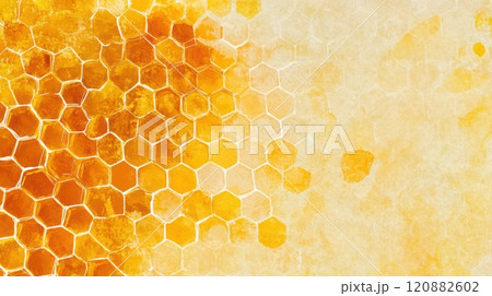 A watercolor honeycomb pattern in golden yellow tones, emphasizing its natural hexagonal structure and warm texture A watercolor honeycomb pattern in golden yellow tones, emphasizing its natural hexagonal structure and warm texture 120882602