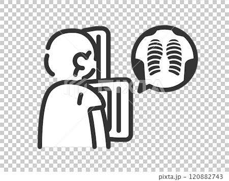 Illustration of a man's icon (line drawing) undergoing a chest x-ray examination (X-ray) 120882743