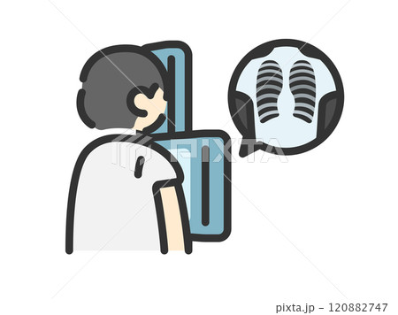 胸部x線検査(レントゲン)を受ける、男性のアイコン(線画カラー)のイラスト 胸部x線検査(レントゲン)を受ける、男性のアイコン(線画カラー)のイラスト 120882747