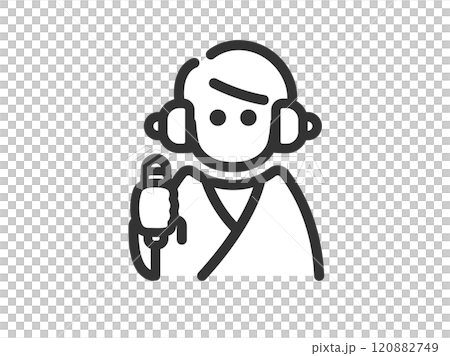 Illustration of a man icon (line drawing) taking a hearing test Illustration of a man icon (line drawing) taking a hearing test 120882749