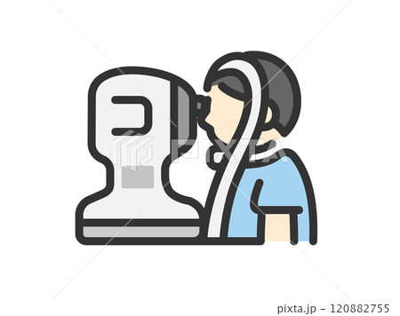 眼圧検査を受ける、男性のアイコン(線画カラー)のイラスト 眼圧検査を受ける、男性のアイコン(線画カラー)のイラスト 120882755