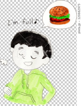 Illustration of a full man eating a hamburger Illustration of a full man eating a hamburger 120882973
