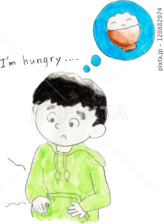 お腹がすいてご飯が食べたい男の子 120882974