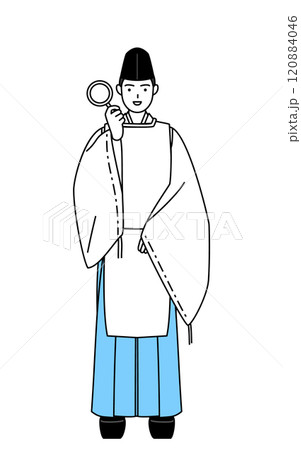虫メガネを持って腰に手を当てる神社の神主、烏帽子と狩衣姿 虫メガネを持って腰に手を当てる神社の神主、烏帽子と狩衣姿 120884046