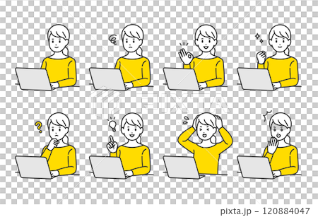 一群年輕女性一邊看電腦一邊做出各種表情和姿勢【人物向量圖素材】 120884047