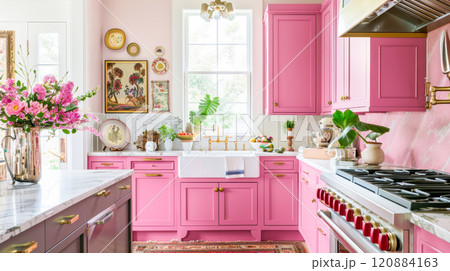 Modern vibrant pink kitchen with vintage decor and gold accents Modern vibrant pink kitchen with vintage decor and gold accents 120884163