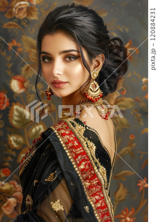 Elegant portrait of indian woman in traditional black and red embellished attire 120884231