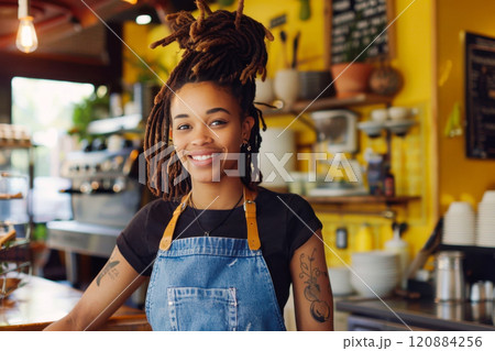 Smiling barista, black woman with dreadlocks and tattoos, in trendy cafe setting with bright decor and warm atmosphere Smiling barista, black woman with dreadlocks and tattoos, in trendy cafe setting with bright decor and warm atmosphere 120884256