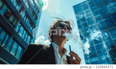 Modern urban lifestyle: cool young man vaping in cityscape with skyscrapers 120884271