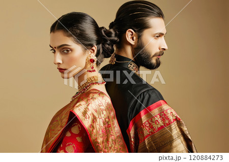 Elegant indian couple in traditional attire facing away 120884273