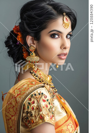 Elegant indian woman in traditional gold embellished saree with floral hair ornaments 120884390
