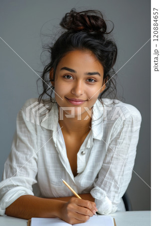 Young confident Indian woman, smiling, writing in a journal on a gray background, vertical shot, portrait Young confident Indian woman, smiling, writing in a journal on a gray background, vertical shot, portrait 120884657
