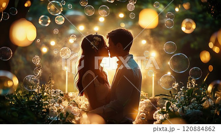 ロマンチックなバブルライトとカップルのシルエット 120884862