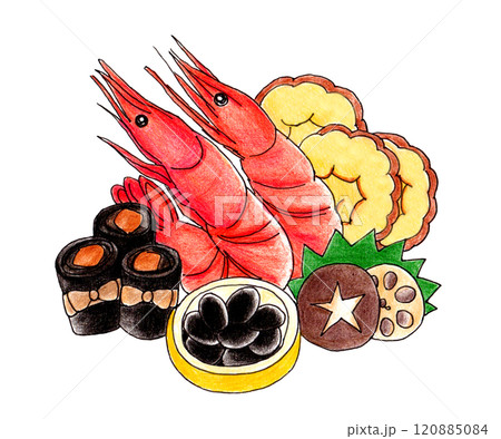 海老とおせち料理の手描きイラスト 海老とおせち料理の手描きイラスト 120885084