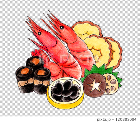 海老とおせち料理の手描きイラスト 海老とおせち料理の手描きイラスト 120885084