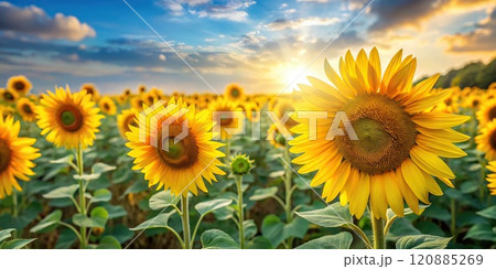 Beautiful sunflower field with tall bright yellow flowers swaying gently in the morning breeze, flowers, farm 120885269