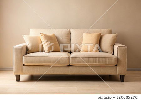 beige couch with cushion on tilted angle against matching background beige couch with cushion on tilted angle against matching background 120885270
